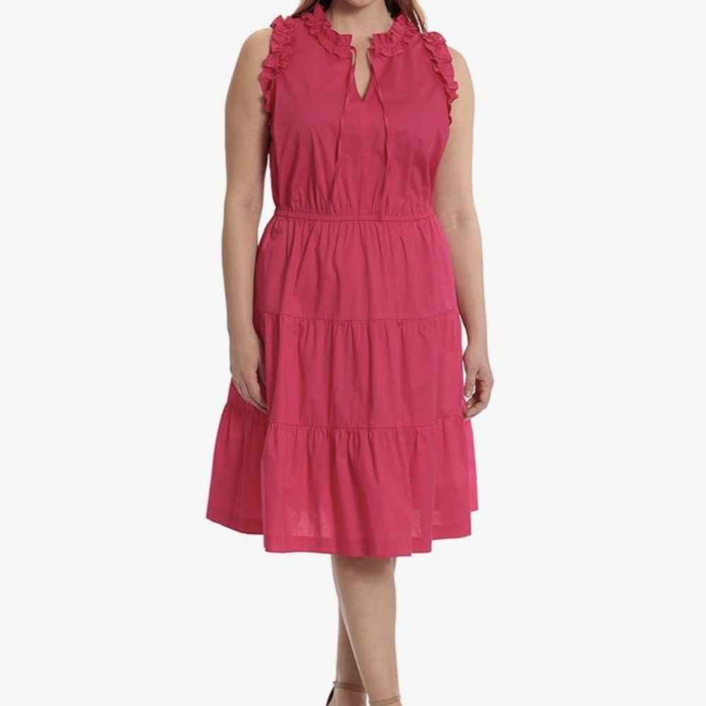 NWT Maggy London Poplin V-Neck Tiered Skirt Dress with Tie and Ruffle Details 12